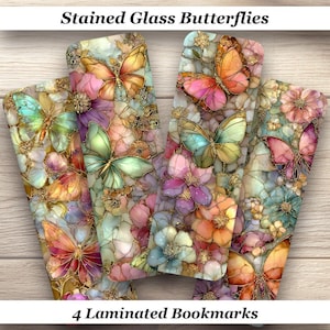 May include: Four rectangular laminated bookmarks featuring a stained glass effect with colorful butterflies and flowers in shades of pink, orange, yellow, green, and purple. The text Stained Glass Butterflies and 4 Laminated Bookmarks is visible.