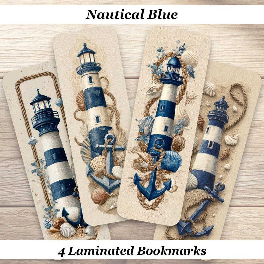 Nautical Blue Bookmarks. Set of 4 Laminated Coastal Lighthouse ...