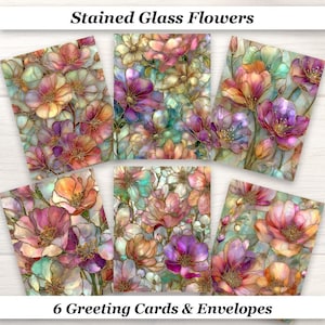 May include: Six greeting cards with stained glass floral designs. The cards feature colorful flowers in shades of pink, purple, orange, and blue, with gold-colored outlines. The text "Stained Glass Flowers" and "6 Greeting Cards & Envelopes" are visible.
