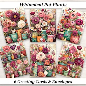 Whimsical Pot Plants Greeting Cards. Set of 6 (A2 size) Cards with Envelopes. Cute, Cottagecore Floral Stationery, Garden Lover Gift.