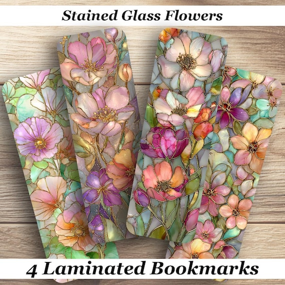 Stained Glass Flowers Laminated Bookmarks. Set of 4 pretty flower themed book marks. Ideal gift for book lovers, gardeners, readers or you!