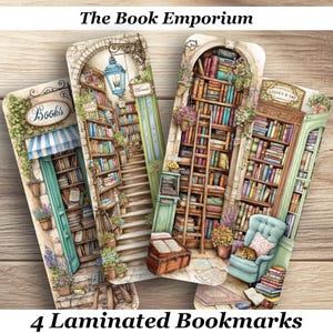 May include: Four laminated bookmarks featuring detailed illustrations of cozy library scenes. Each bookmark showcases a unique design with bookshelves, ladders, and architectural details. The text "The Book Emporium" and "4 Laminated Bookmarks" are visible.