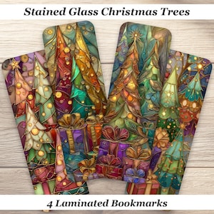 May include: Four rectangular bookmarks featuring a stained glass art style with vibrant Christmas trees and wrapped gift boxes. The designs incorporate intricate leaded lines and a palette of gold, green, purple, and red hues. The text Stained Glass Christmas Trees and 4 Laminated Bookmarks is visible.
