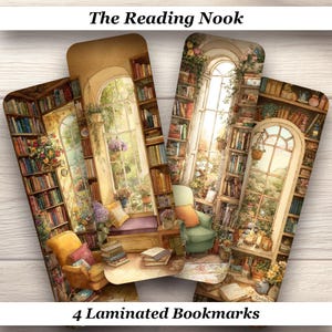 May include: Four laminated bookmarks featuring watercolor illustrations of cozy reading nooks with bookshelves, windows, and comfortable seating. The text "The Reading Nook" and "4 Laminated Bookmarks" are displayed on the image.