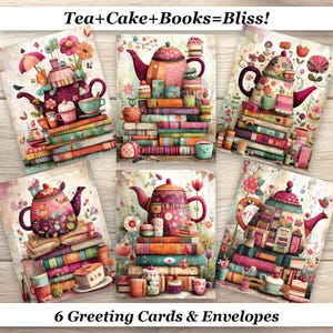 May include: Six greeting cards featuring whimsical illustrations of teapots, books, and cakes. The cards have a vintage aesthetic with pastel colors and the text "Tea+Cake+Books=Bliss!" and "6 Greeting Cards & Envelopes".