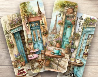 The French Café Laminated Bookmark Set of 4 different designs. Cottagecore Parisian Gift for Book Lovers, Paris and France enthusiasts