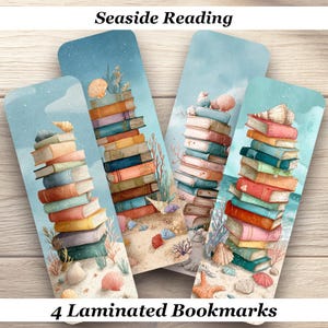 May include: Four laminated bookmarks with a seaside theme. Each bookmark features a stack of colorful books, seashells, and aquatic plants against a light blue background. The text "Seaside Reading" and "4 Laminated Bookmarks" are displayed.