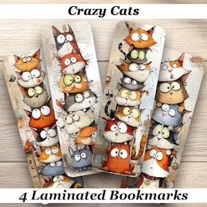 May include: Four laminated bookmarks featuring stacks of cartoon cats in various colors. The bookmarks have the text "Crazy Cats" at the top and "4 Laminated Bookmarks" at the bottom.