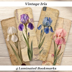 May include: Four rectangular laminated bookmarks featuring botanical illustrations of white, purple, blue, and pink iris flowers. Each bookmark has a background of vintage-style script, postal stamps, and postmarks. The text Vintage Iris is at the top.