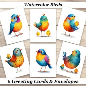 Watercolor Birds Greeting Cards Set of 6 Cute Watercolor Birds & Chicks Cards with Envelopes, Whimsical Bird Stationery, Ideal Gift