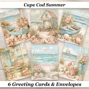 May include: Set of six greeting cards with beach-themed illustrations. Each card features a coastal scene with a blue boat, seashells, and a beach house. The text "Cape Cod Summer" and "6 Greeting Cards & Envelopes" are displayed.