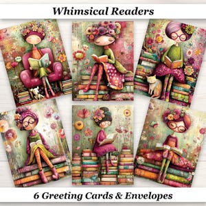 May include: Set of six greeting cards featuring whimsical illustrations of figures reading books. Each card showcases a unique design with colorful floral and book elements. The text "Whimsical Readers" and "6 Greeting Cards & Envelopes" are displayed.