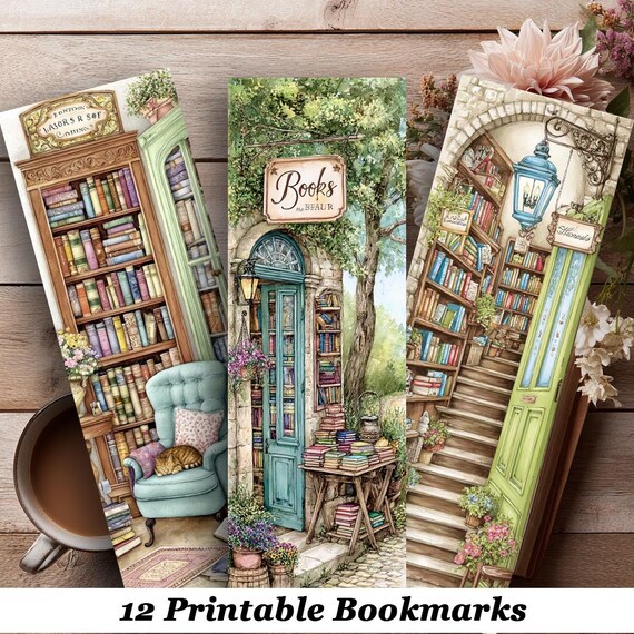 The Book Shop Bookmarks. Set of 12 different printable book marks. Ideal for all book lovers Digital Download. Print & Cut Gift for readers