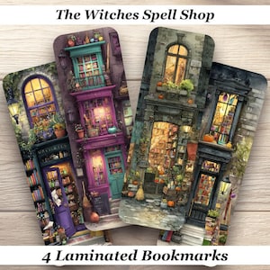 May include: Four laminated bookmarks featuring whimsical illustrations of magical shops. Each bookmark showcases a different shop with vibrant colors, detailed architecture, and the text "The Witches Spell Shop" and "4 Laminated Bookmarks".