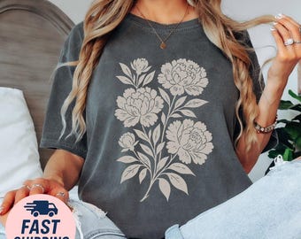 Vintage Linocut Flower Comfort Colors T-Shirt: Cottagecore Botanical Tee