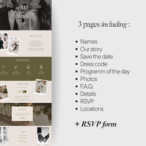 May include: A digital wedding invitation template featuring three pages with sections for names, story, save the date, dress code, program, photos, FAQ, details, location, and RSVP. The design includes text, photography, and an RSVP form layout.