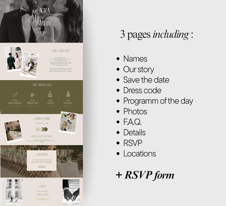 May include: A digital wedding invitation template featuring three pages with sections for names, story, save the date, dress code, program, photos, FAQ, details, location, and RSVP. The design includes text, photography, and an RSVP form layout.