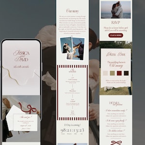 May include: A wedding invitation design with a smartphone mockup, featuring the names "Jessica and David" and the date "26.08.2026". The design includes RSVP details, a dress code, and a wedding schedule. The theme is "Old Money".
