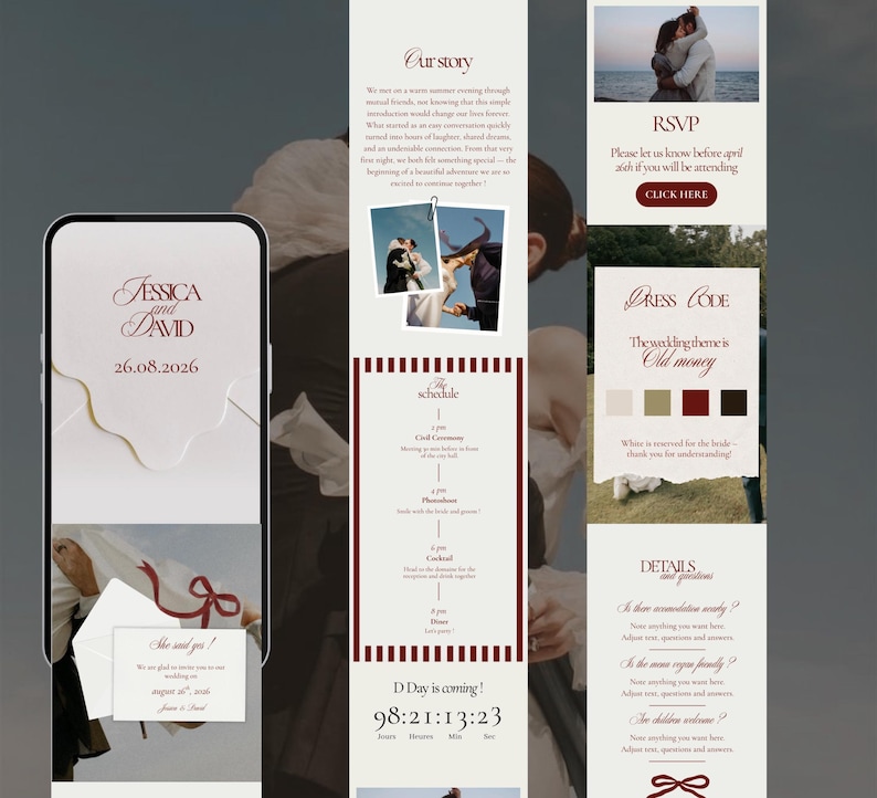 May include: A wedding invitation design with a smartphone mockup, featuring the names "Jessica and David" and the date "26.08.2026". The design includes RSVP details, a dress code, and a wedding schedule. The theme is "Old Money".
