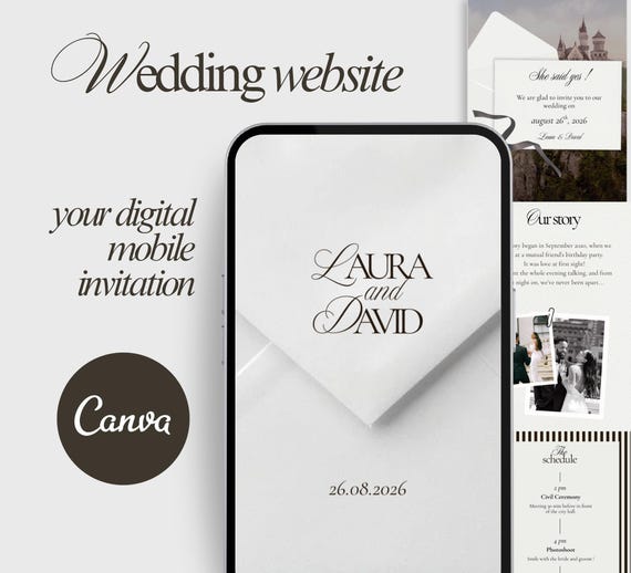 Modèle de site de mariage – Faire-part digital mobile Canva - Invitation de mariage numérique à personnaliser - Site web de mariage Canva