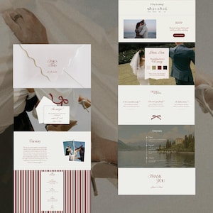May include: A wedding invitation suite with a minimalist design. The suite includes an envelope with the names "Jessica & Dad" and a date, along with a website layout featuring photos, text, and a color palette of burgundy and cream.