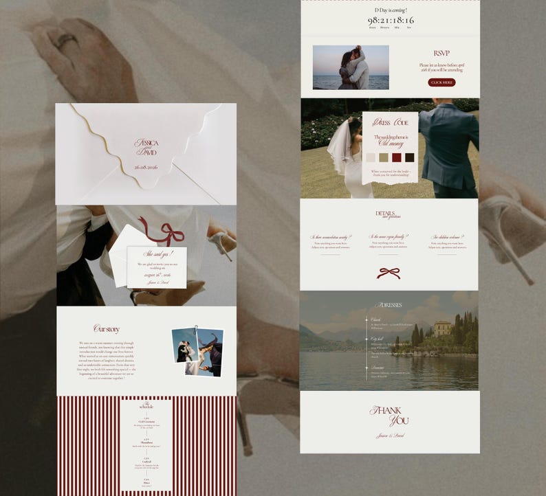 May include: A wedding invitation suite with a minimalist design. The suite includes an envelope with the names "Jessica & Dad" and a date, along with a website layout featuring photos, text, and a color palette of burgundy and cream.