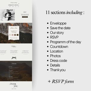 May include: A wedding website design with a minimalist aesthetic. The design includes sections for RSVP, dress code, details, and a countdown timer. The color palette is neutral, with images of a couple and a mountain landscape.