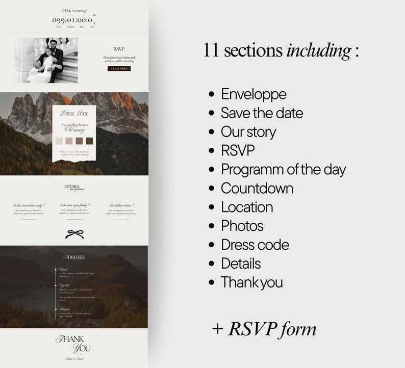 May include: A wedding website design with a minimalist aesthetic. The design includes sections for RSVP, dress code, details, and a countdown timer. The color palette is neutral, with images of a couple and a mountain landscape.