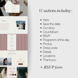 May include: A wedding website design with sections including "Hero", "Save the date", "Our story", "Countdown", "RSVP", "Programm of the day", "Photos", "Dress code", "Details", "Locations", and "Thank you". The website also includes an RSVP form.