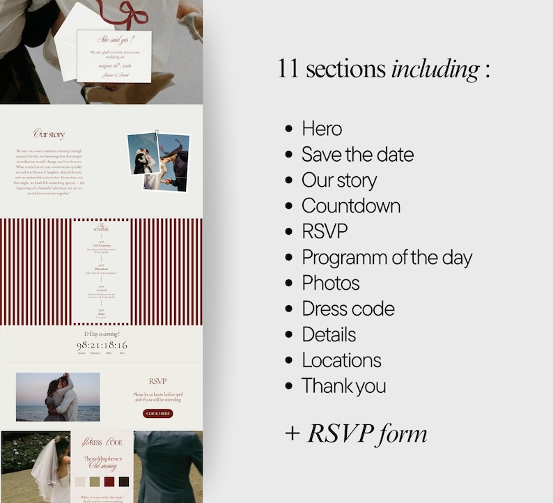 May include: A wedding website design with sections including "Hero", "Save the date", "Our story", "Countdown", "RSVP", "Programm of the day", "Photos", "Dress code", "Details", "Locations", and "Thank you". The website also includes an RSVP form.