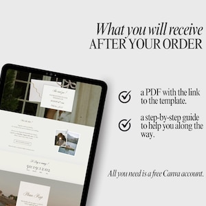 May include: A digital tablet displaying a wedding invitation template with text reading What you will receive AFTER YOUR ORDER, a PDF with the link to the template, a step-by-step guide to help you along the way, and All you need is a free Canva account.