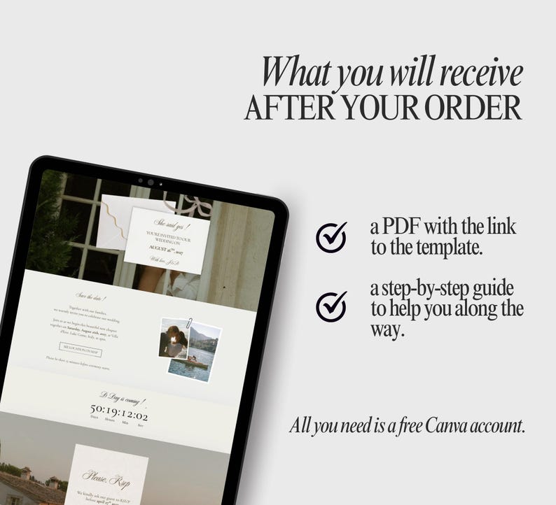 May include: A digital tablet displaying a wedding invitation template with text reading What you will receive AFTER YOUR ORDER, a PDF with the link to the template, a step-by-step guide to help you along the way, and All you need is a free Canva account.