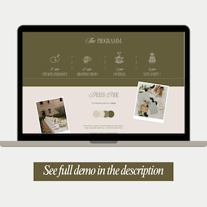 May include: A digital wedding program template displayed on a laptop screen with an olive green header featuring icons and text for a church ceremony, photo shoot, cocktail, and party. The lower section shows a dress code with color swatches.