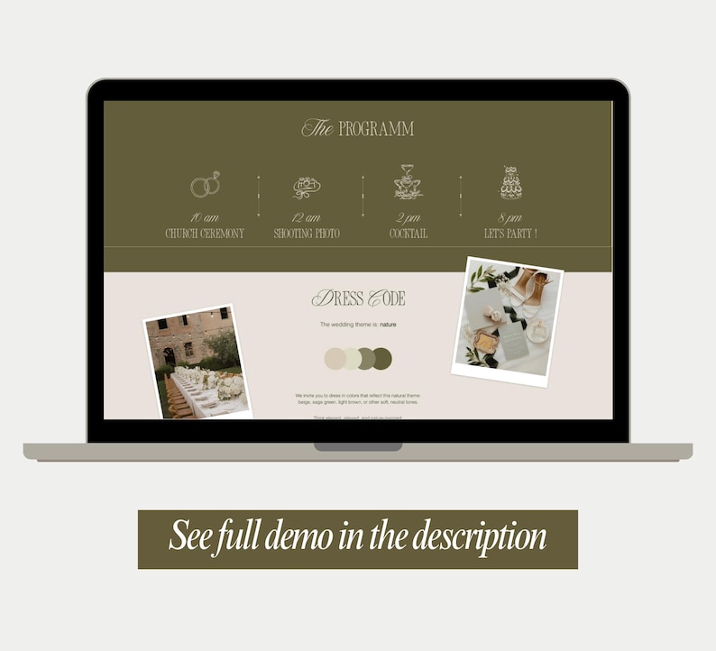 May include: A digital wedding program template displayed on a laptop screen with an olive green header featuring icons and text for a church ceremony, photo shoot, cocktail, and party. The lower section shows a dress code with color swatches.