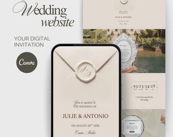 Elegant beige wedding website template, editable with Canva, countdown timer, digital wedding invitation, RSVP form
