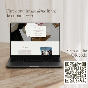 May include: A laptop displays a wedding website with the text "She said yes!" and "August 16, 2016". The screen also shows the words "Our story". A QR code is visible on the right, with the text "Or scan the QR code".