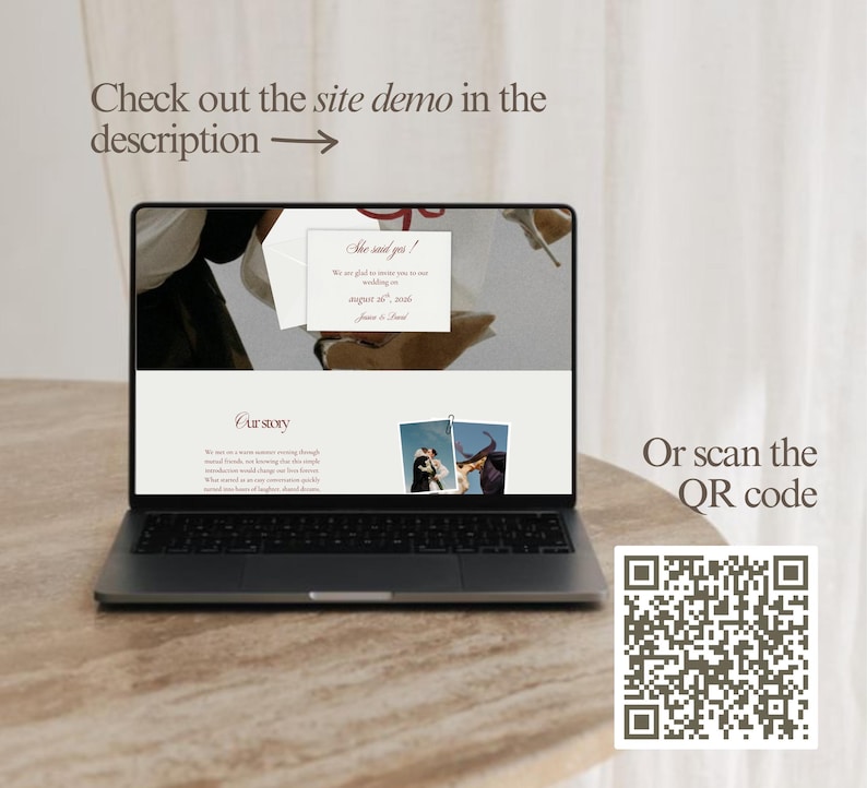 May include: A laptop displays a wedding website with the text "She said yes!" and "August 16, 2016". The screen also shows the words "Our story". A QR code is visible on the right, with the text "Or scan the QR code".