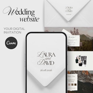 Könnte beinhalten: Ein digitales Hochzeitskarten-Design mit den Namen "LAURA and DAVID" und dem Datum "26.08.2026" auf einem Smartphone-Bildschirm und einem Umschlag. Das Design enthält den Text "Wedding website" und "YOUR DIGITAL INVITATION". Das Canva-Logo ist ebenfalls sichtbar.