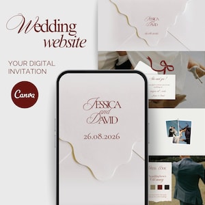 May include: A digital wedding invitation design featuring the names "Jessica and David" and the date "26.08.2026" in burgundy script. The design includes the text "Wedding website" and "Your digital invitation". The Canva logo is also visible.