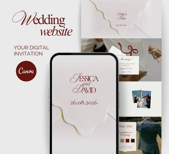 Modèle de site de mariage – Invitation de mariage numérique à personnaliser - Site web de mariage Canva - Formulaire RSVP