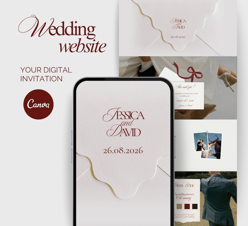 May include: A digital wedding invitation design featuring the names "Jessica and David" and the date "26.08.2026" in burgundy script. The design includes the text "Wedding website" and "Your digital invitation". The Canva logo is also visible.