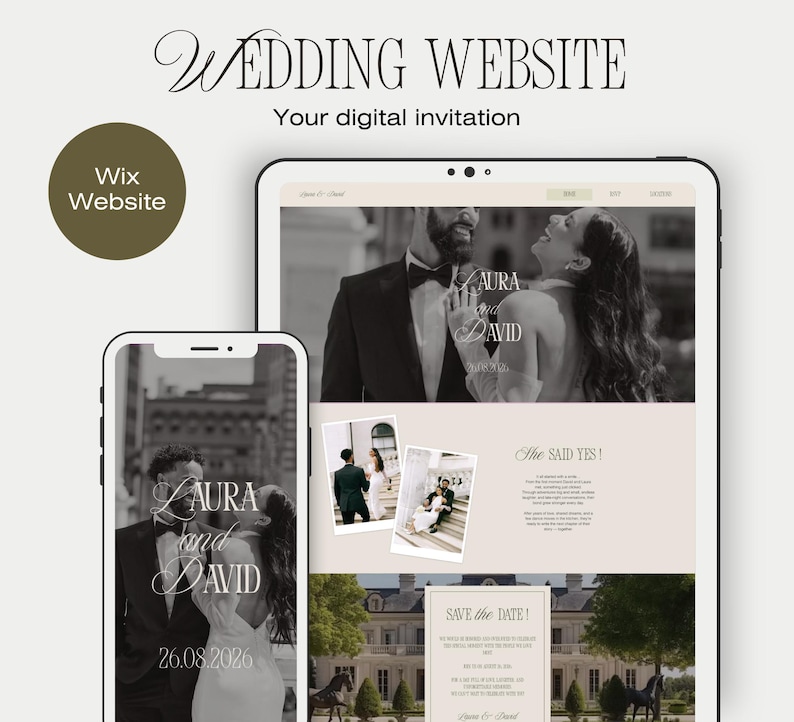 May include: A digital wedding website template displayed on a tablet and smartphone screen. The design features black and white photography of a couple, the text "Laura and David," "26.08.2026," "She SAID YES!," and "SAVE the DATE!" with a neutral color palette.