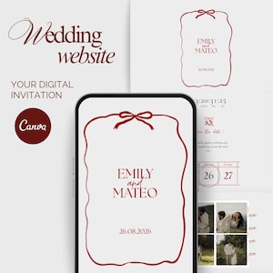 May include: A digital wedding invitation design featuring the text "Wedding website" and "Your digital invitation." The design includes a smartphone displaying the invitation with the names "EMILY and MATEO" and the date "26.08.2026."