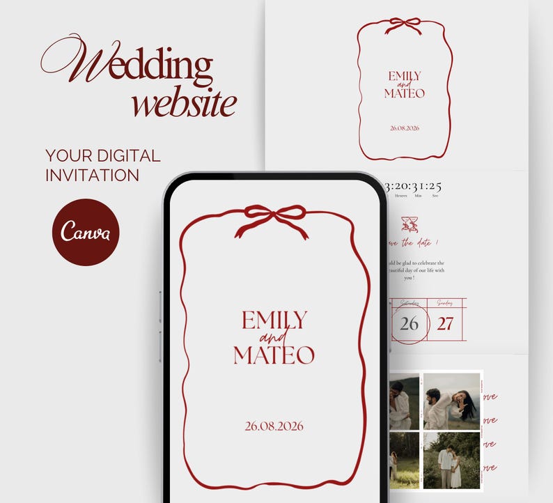 May include: A digital wedding invitation design featuring the text "Wedding website" and "Your digital invitation." The design includes a smartphone displaying the invitation with the names "EMILY and MATEO" and the date "26.08.2026."