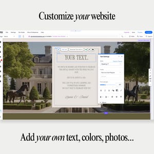 May include: A Wix website editor interface displaying a customizable invitation template over a background image of a mansion and horses. The text box shows 'YOUR TEXT...' and wedding details, with a side panel for font and style settings.