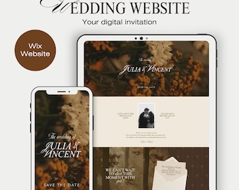May include: A digital wedding invitation design shown on a tablet and smartphone. The website features floral imagery, the names "Julia & Vincent", and the words "Save the Date". A brown circle reads "Wix Website".