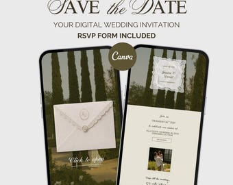 May include: Two smartphones displaying a digital wedding invitation template. The screens show a cream-coloured envelope with lace trim, the text SAVE THE DATE, YOUR DIGITAL WEDDING INVITATION, RSVP FORM INCLUDED, and a countdown timer.