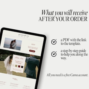 May include: A digital tablet displays a wedding website template with the text "What you will receive AFTER YOUR ORDER." The screen shows a countdown timer, RSVP information, and dress code details. The text also states "All you need is a free Canva account."