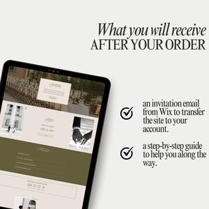 May include: A tablet screen displaying a wedding website template with sections for location, RSVP, and details. Text reads: What you will receive AFTER YOUR ORDER, an invitation email from Wix to transfer the site to your account, and a step-by-step guide.