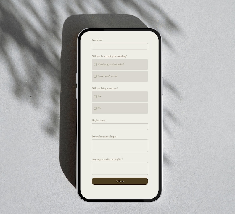 May include: A smartphone screen displaying a digital wedding RSVP form with fields for name, attendance status, plus-one information, guest name, allergies, and playlist suggestions, ending with a dark brown submit button on a light background.